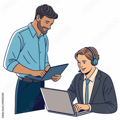 Create a bold, vector illustration of a supportive IT help desk agent assisting a user.  Focus on strong lines and a clean, modern style.