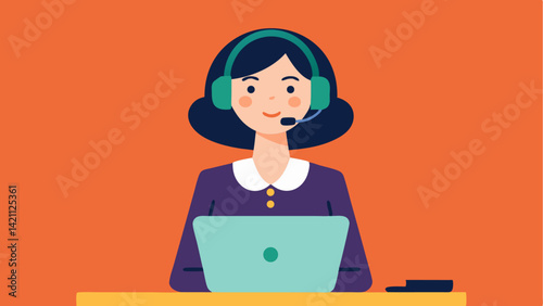 Professional woman hotline operator offering customer support while wearing headphones and microphone for clear communication in a modern call center environment