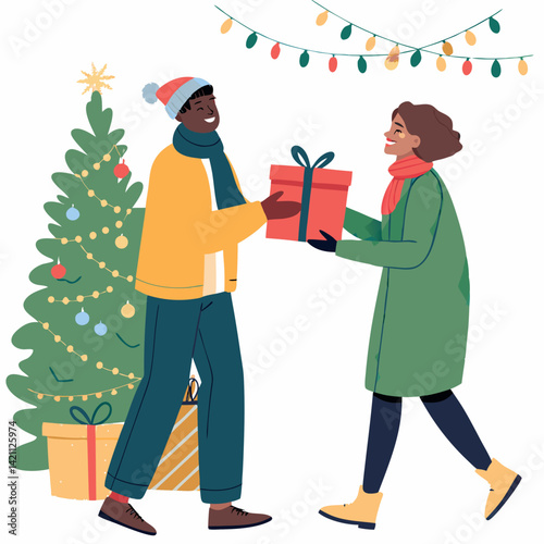 Create a bold vector illustration of friendly neighbors exchanging baked goods, emphasizing strong outlines and vibrant colors.