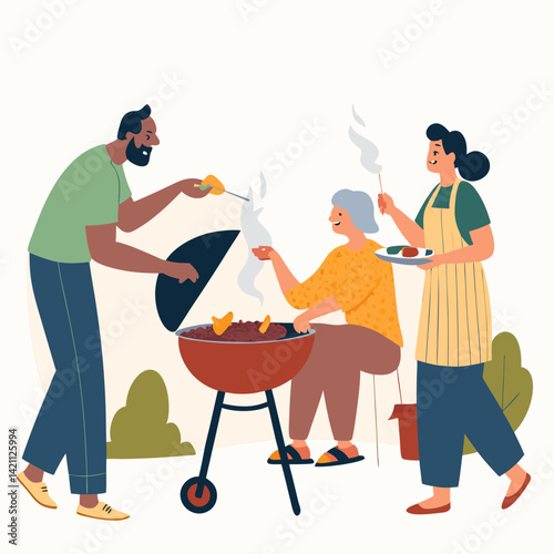 Create a bold vector illustration of friendly neighbors enjoying a barbecue, emphasizing strong outlines and vibrant colors.