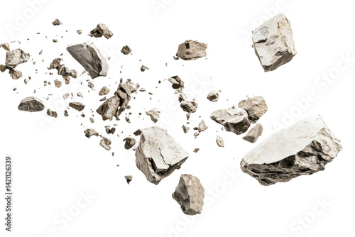 Flying rocks and scattered debris captured mid-air isolated on a clean bright white background