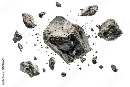 Explosive flying rocks and debris frozen mid-air against a clean white isolated background