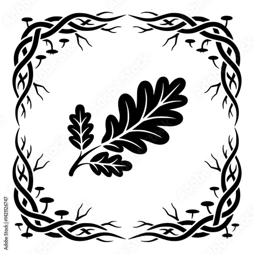 Oak Leaf Emblem with Celtic Knot Border, Black & White Vector