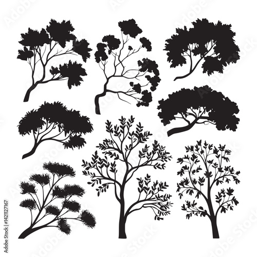 Collection of isolated black tree branch silhouettes with delicate leaves 