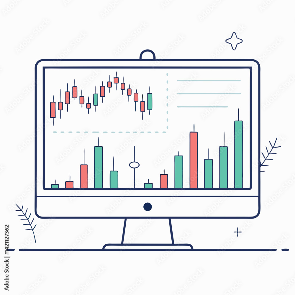 Design a bold, vector illustration of a stock market dashboard with sharp lines and strong contrasts. Include key market data visualizations. Design a bold, vector illustration of a stock market dashboard with sharp lines and strong contrasts. Include key market data visualizations.