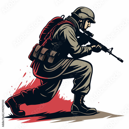 Create a vector illustration of a soldier crouching, in a bold, thick stroke style, exhibiting alertness and readiness.