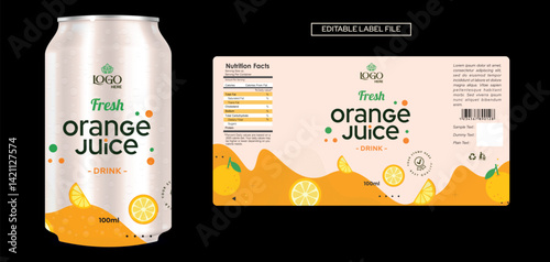 Orange Juice label design, soft drink bottle label design. Soda can vector. Energy drink label design. Orange flavor fruit juice label template design
