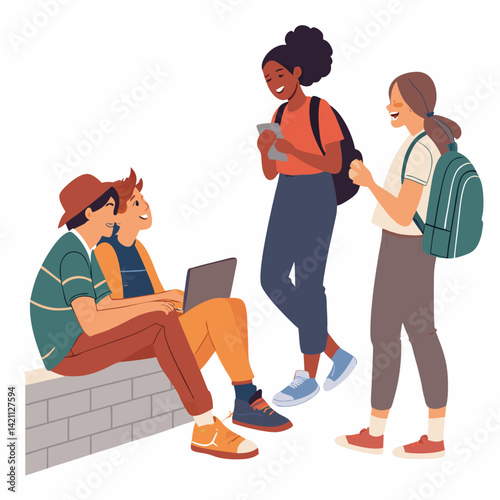 Create a vector illustration of bold-stroked teenagers casually hanging out, laughing, and interacting.  Focus on dynamic poses and a vibrant color palette.