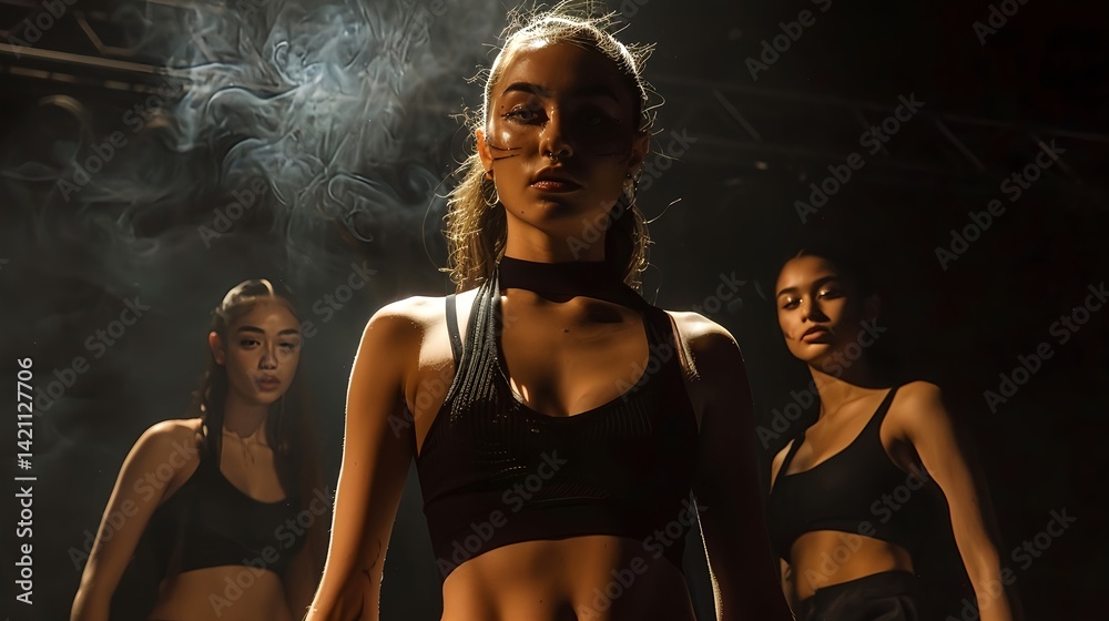Obraz premium Three powerful women posing under dramatic light in smoky scene