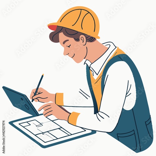 Create a bold vector illustration of a young, confident architect using blueprints, showcasing modern architecture.