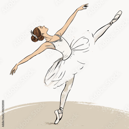 Create a detailed 2D sketch illustration of a ballerina gracefully spinning, showcasing her flowing tutu and elegant posture.  Emphasis on dynamic movement and fluidity.