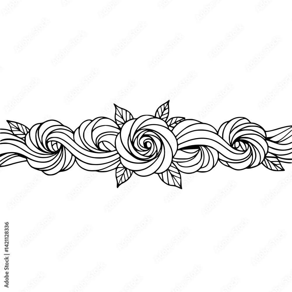 Fototapeta premium Line Art Floral Border with Roses & Swirls - Minimalist Vector Design