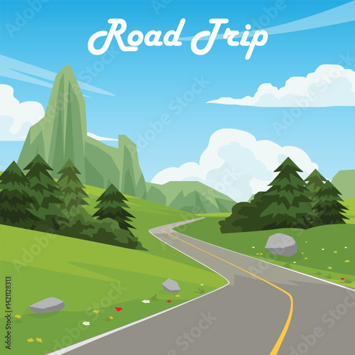 Vector poster of square Road Trip. Winding asphalt road with a yellow center line. Passing through a vibrant green landscape with pine trees. Mountains under a blue sky with fluffy white clouds.