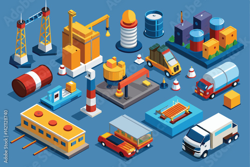 Colorful isometric illustrations depicting various industrial icons, construction equipment, and transport vehicles on a blue background.