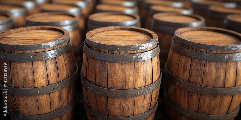 Wooden Barrels Stacked Winemaking Brewery Storage Wooden Barrels Stacked Winemaking Brewery Storage