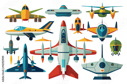 A vibrant set of aircraft illustrations featuring diverse styles, including vintage planes and futuristic designs. Perfect for aviation enthusiasts and creative projects.
