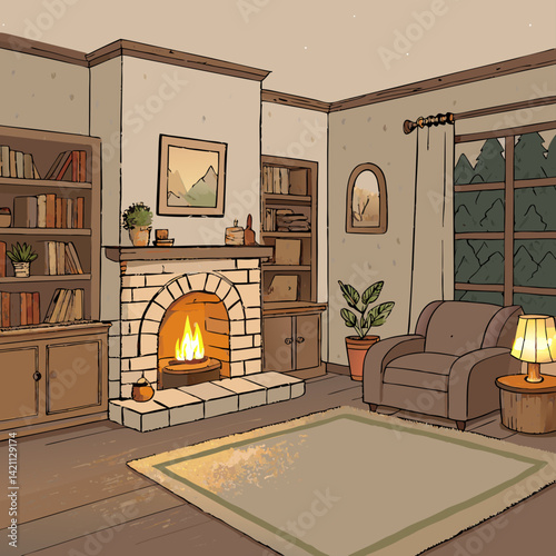 Create a cozy 2D sketch illustration of a living room featuring a fireplace, armchair, bookshelves, and soft lighting. Include textures and details for a warm atmosphere.