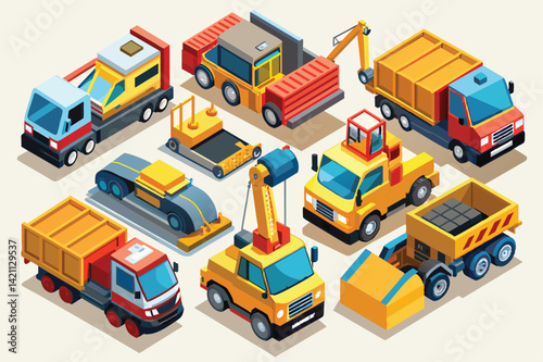 Vector illustration featuring a set of colorful isometric construction vehicles. Includes trucks, cranes, and heavy machinery. Ideal for building, construction, and industrial themed designs.
