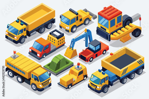Playful and vibrant illustration of various construction vehicles. Perfect for educational and creative projects aimed at children. Features colorful trucks, diggers, and machinery.