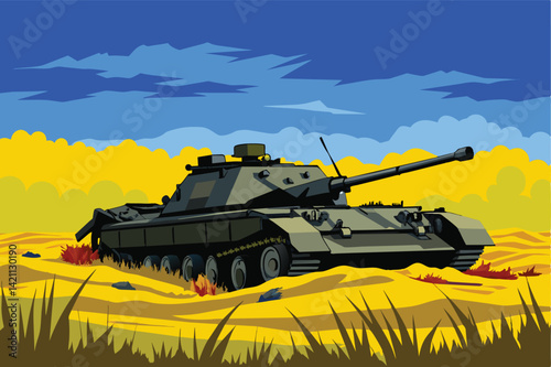 Vibrant illustration of a military tank situated in a vivid desert scene. The artwork captures the contrast of machinery against the natural backdrop.
