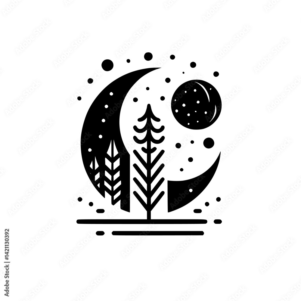 Obraz premium Minimalist Night Forest Illustration: Moon, Trees, & Stars