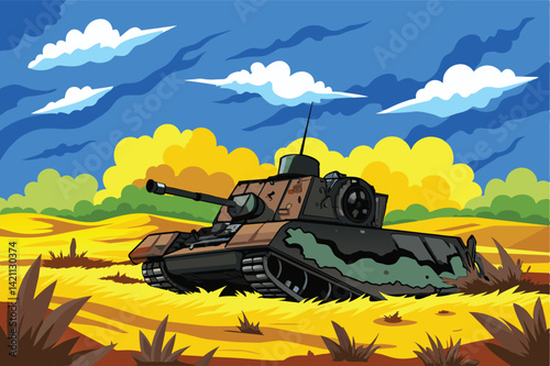 Colorful vector illustration depicting a military tank situated in a bright, expansive desert landscape under a vivid blue sky.