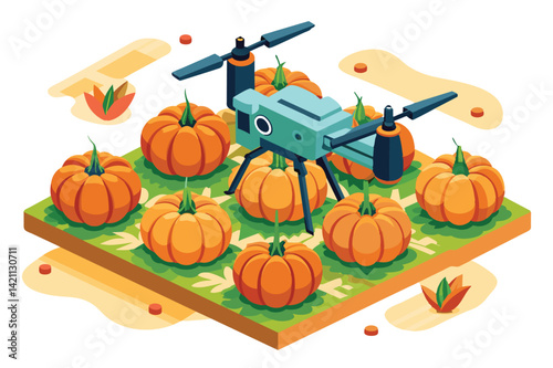 Illustration of a drone monitoring a vibrant pumpkin patch, showcasing modern agriculture and advanced farming technology with autumn themes.