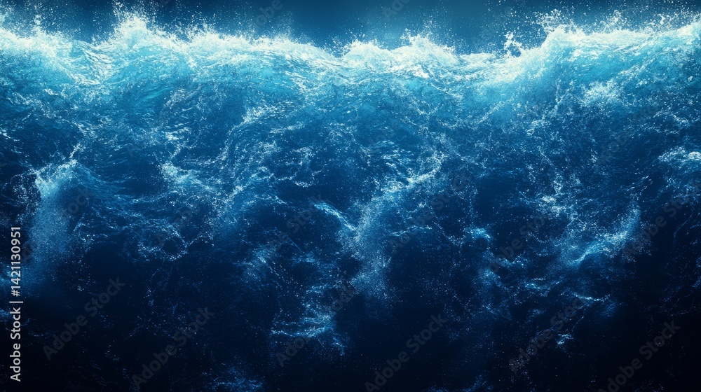 Fototapeta premium Dramatic and powerful crashing ocean wave with splashing water captured up close in vibrant blue tones