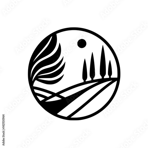 Tuscany Landscape in Circle - Minimalist Black & White Vector Design