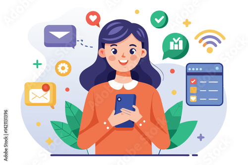 Colorful illustration of a cheerful woman holding a smartphone, surrounded by digital communication icons representing connectivity and technology.