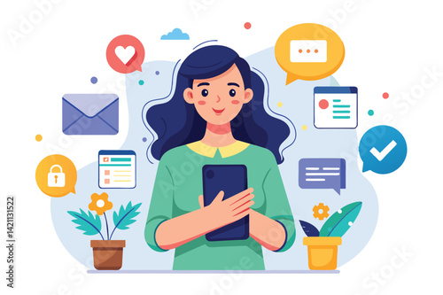 Illustration of a young woman using a tablet surrounded by digital communication icons. Represents modern technology, connectivity, and social media interaction.