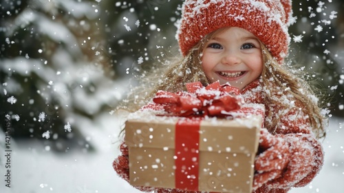 A little girl holding a present in the snow