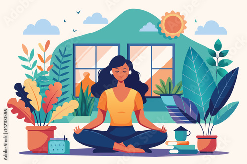 Vibrant illustration of a woman meditating indoors, surrounded by plants. The scene evokes tranquility, mindfulness, and a connection with nature, promoting a calm and peaceful lifestyle.