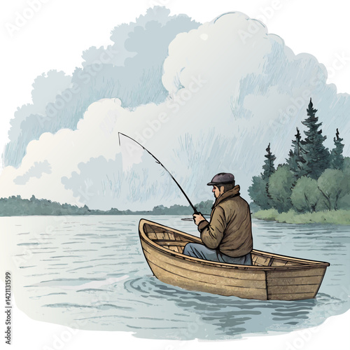 Sketch illustration of a fisherman in a small wooden boat, calmly fishing on a serene lake at sunset.  Detailed linework, 2D style.