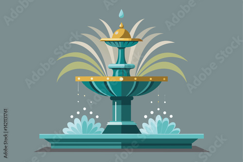 Artistic illustration showcasing a stylish, decorative garden fountain with flowing water and intricate designs, highlighting tranquility and elegance.