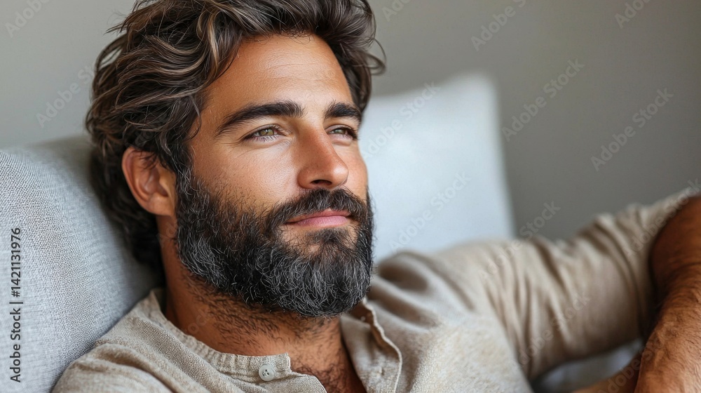 Obraz premium A man with a beard sitting on a couch