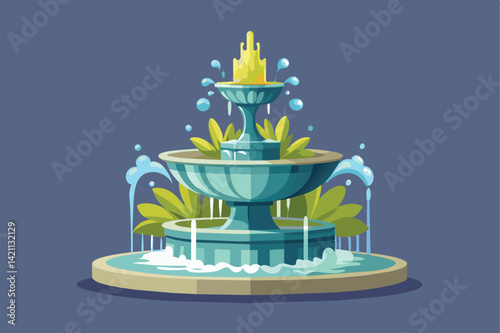 Illustration of a beautiful outdoor water fountain with cascading water and lush greenery, creating a serene atmosphere. Perfect for garden designs and relaxation concepts.