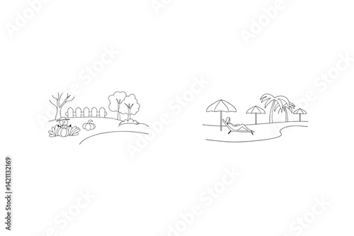 Fall Scene To Tropical Beach Black And White Sketch Illustration