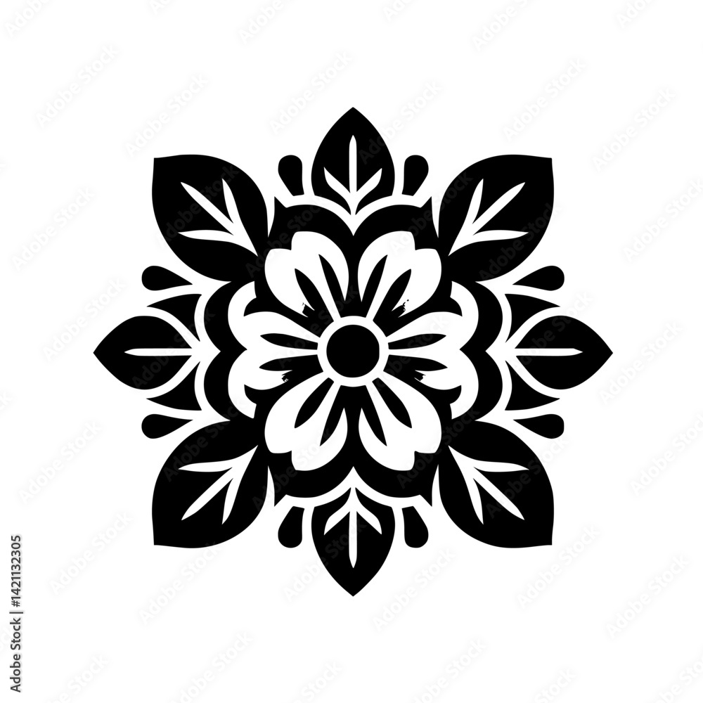 Black & White Floral Mandala - Geometric, Minimalist Design Element Black & White Floral Mandala - Geometric, Minimalist Design Element