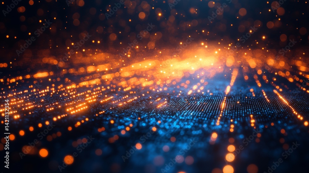 Fototapeta premium Abstract Digital Data Stream Landscape with Glowing Particles and Dynamic Lights, Ideal for Technology and Science Concepts, High Resolution Visual