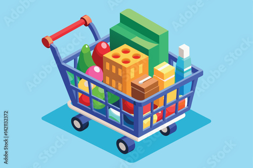 Colorful isometric illustration of a shopping cart filled with diverse grocery items, symbolizing retail and consumer shopping experiences.
