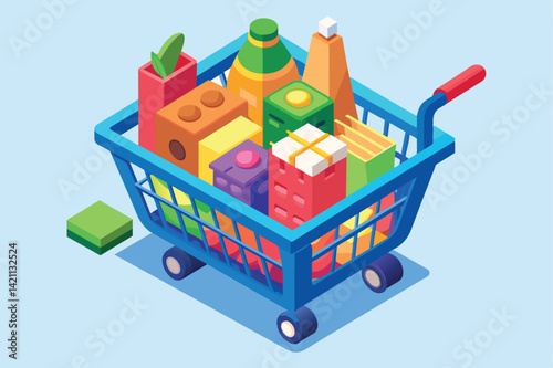 Vibrant isometric illustration depicting a shopping cart loaded with a variety of colorful grocery items, including boxes and bottles, on a light blue background.