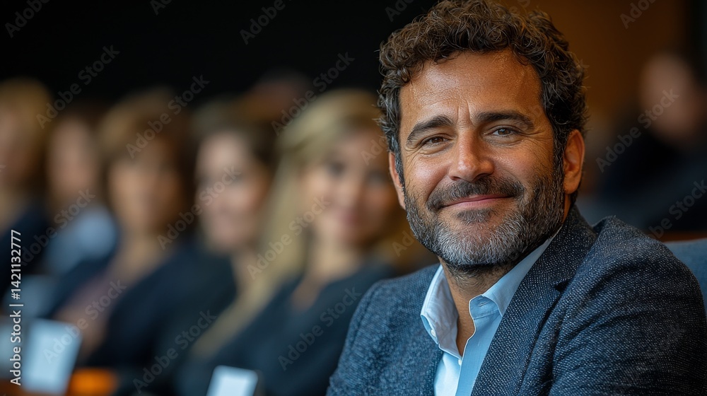 A man with curly hair and a beard smiles at the camera A man with curly hair and a beard smiles at the camera