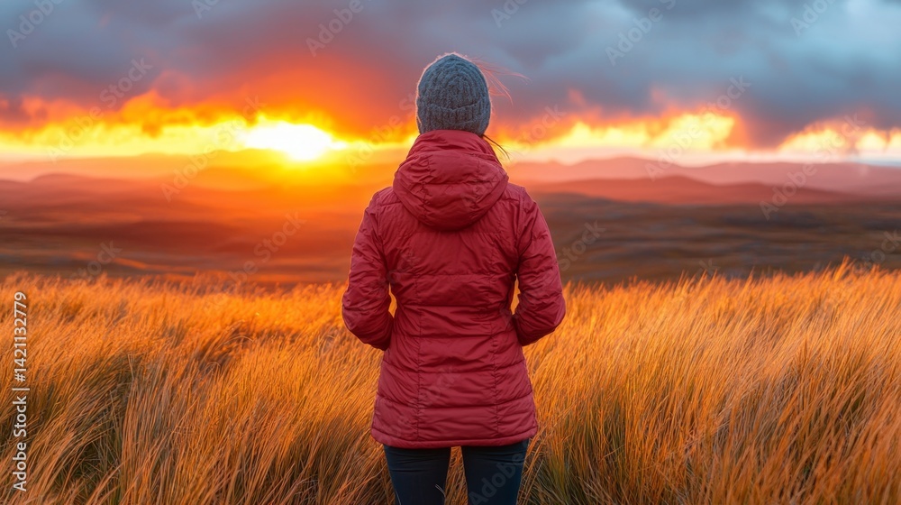 Fototapeta premium A woman in a red jacket standing in a field of tall grass