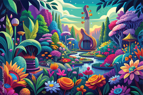 Colorful fantasy garden with lush foliage and a unique musical instrument shape. A serene, magical atmosphere filled with vibrant flowers and flowing streams.