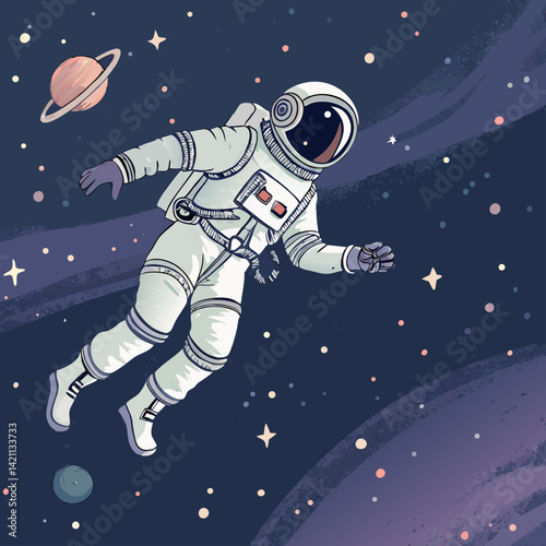 Create a detailed 2D sketch illustration of a lone astronaut, weightless, floating serenely in the inky blackness of space, showcasing intricate details of the spacesuit.
