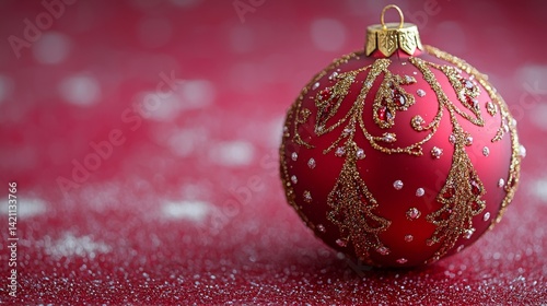 A red and gold christmas ornament on a red background