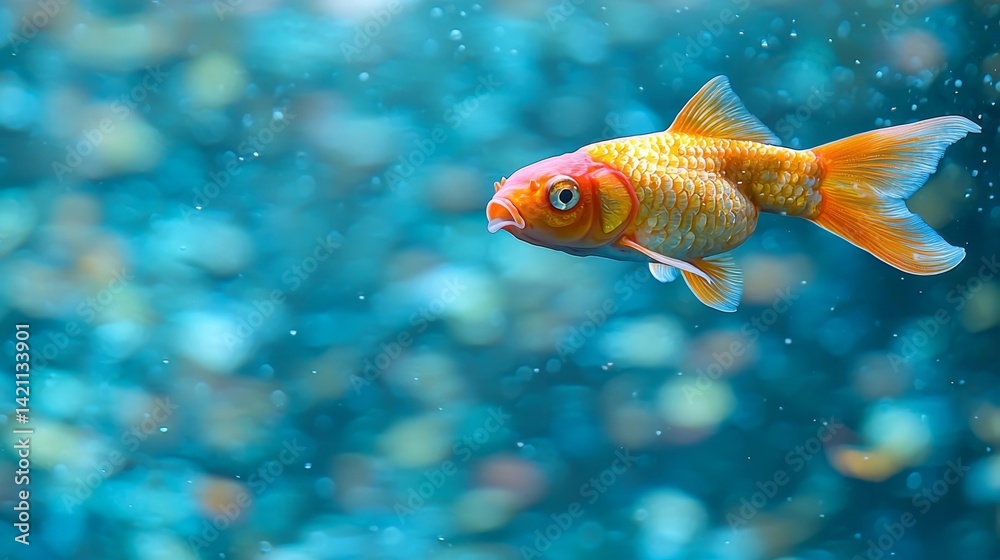 Naklejka premium A goldfish swimming in an aquarium with bubbles