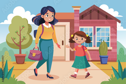 A cheerful mother and her daughter walk together to school, enjoying a sunny day. The scene captures warmth and family bonding.
