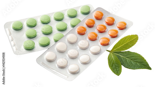 Colorful tablets in blister packs with green, orange, and white pills alongside fresh leaves, representing health and wellness